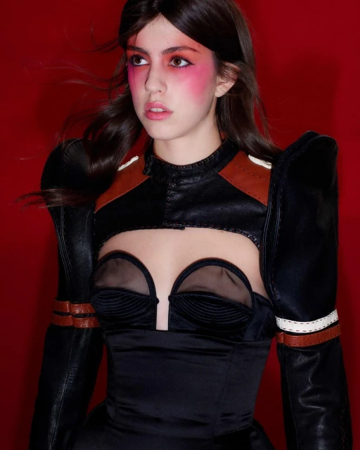 Portrait of a young woman with striking pink blush, dressed in a futuristic black and brown outfit, against a vibrant red backdrop.