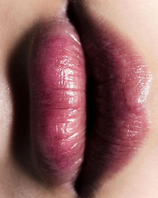 Close-up of an adult female's lips, showcasing their texture, color, and shape, set against a fair skin tone background in a macro photography style.