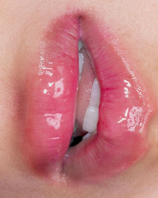 Close-up studio shot of open mouth with glossy lips, visible teeth, and tongue. Beauty and fashion editorial featuring lip gloss.