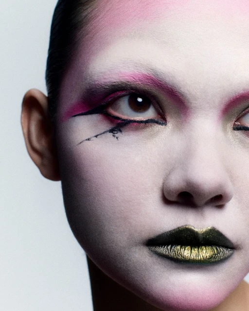 Close-up portrait of a person with white face makeup, dramatic pink and black eye makeup, and dark metallic gold lipstick, studio shot.