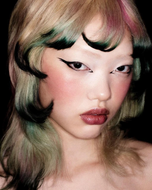 Asian woman's portrait with unique dyed hair and bold winged eyeliner against a dark background, showcasing beauty and fashion.
