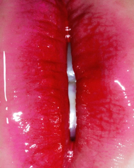 Close-up view of a glossy, reflective surface with streaks of deep red and a thin vertical line of white running down the center.