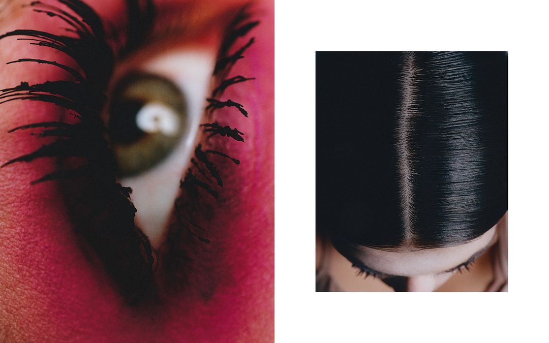Close-up studio shots feature a female face with dramatic eyelashes, one with pink-toned skin and the other with black hair.