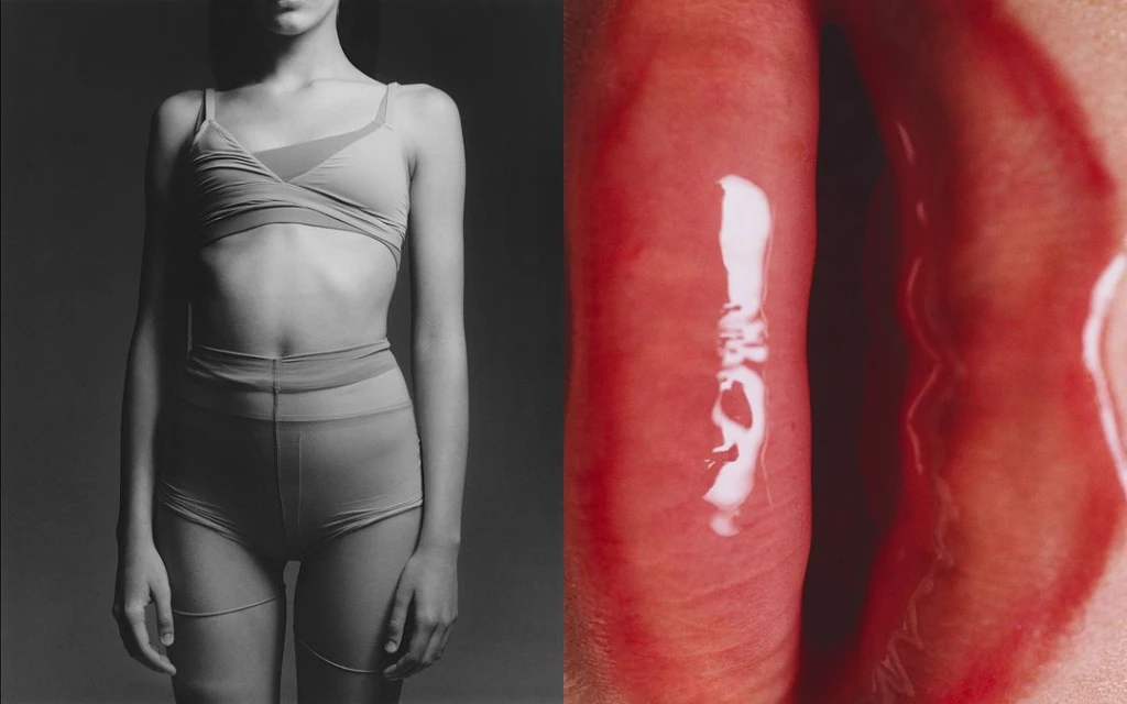 Monochrome fashion shot featuring a model in a contemporary lingerie set and a close-up of red lips with glossy shine, studio setting.