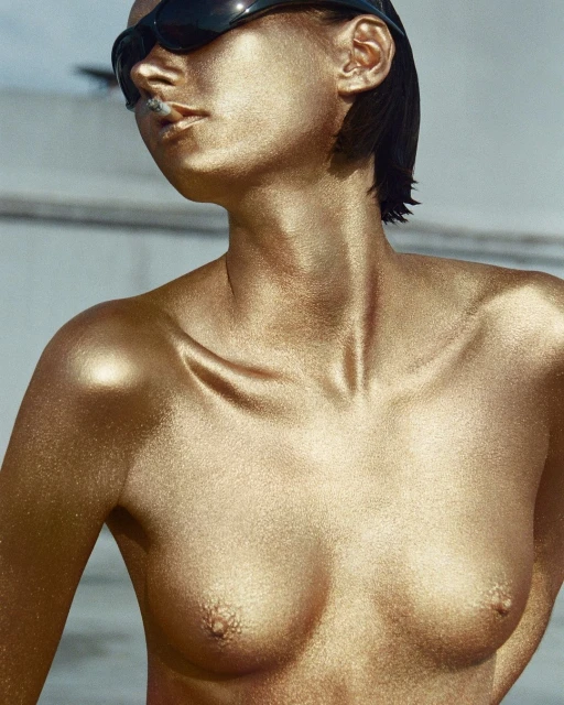 A nude adult female covered in gold paint smoking a cigarette while wearing sunglasses, creating a striking high-fashion editorial image.