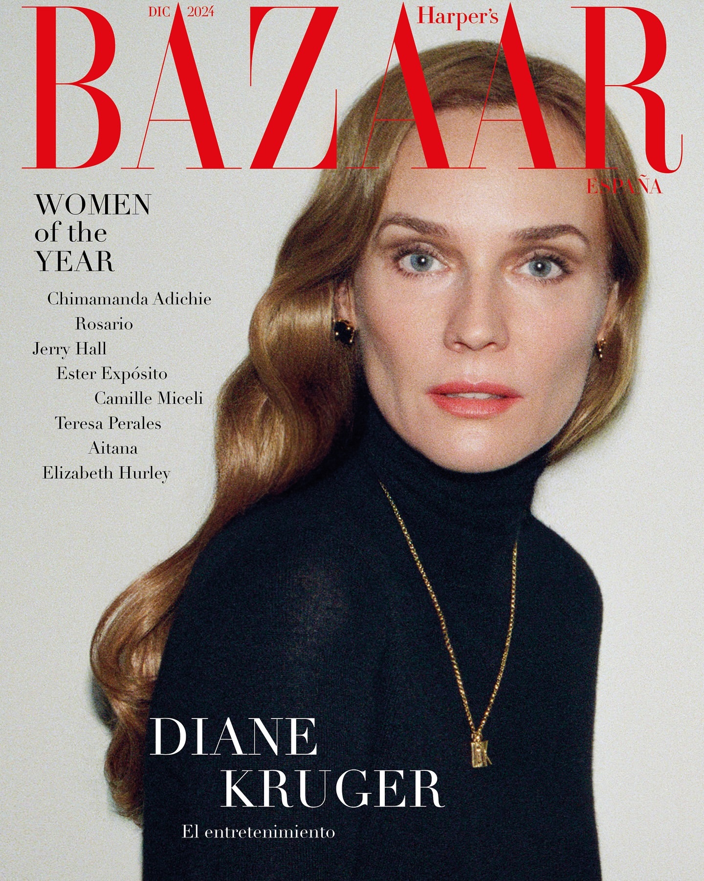Diane Kruger cover for Harper's Bazaar. Portrait of Diane Kruger in black turtleneck sweater with gold necklace against a light background.