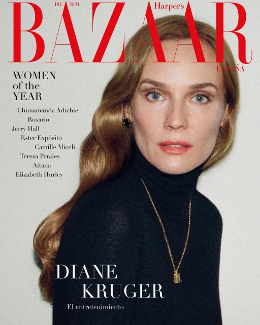 Diane Kruger cover for Harper's Bazaar. Portrait of Diane Kruger in black turtleneck sweater with gold necklace against a light background.