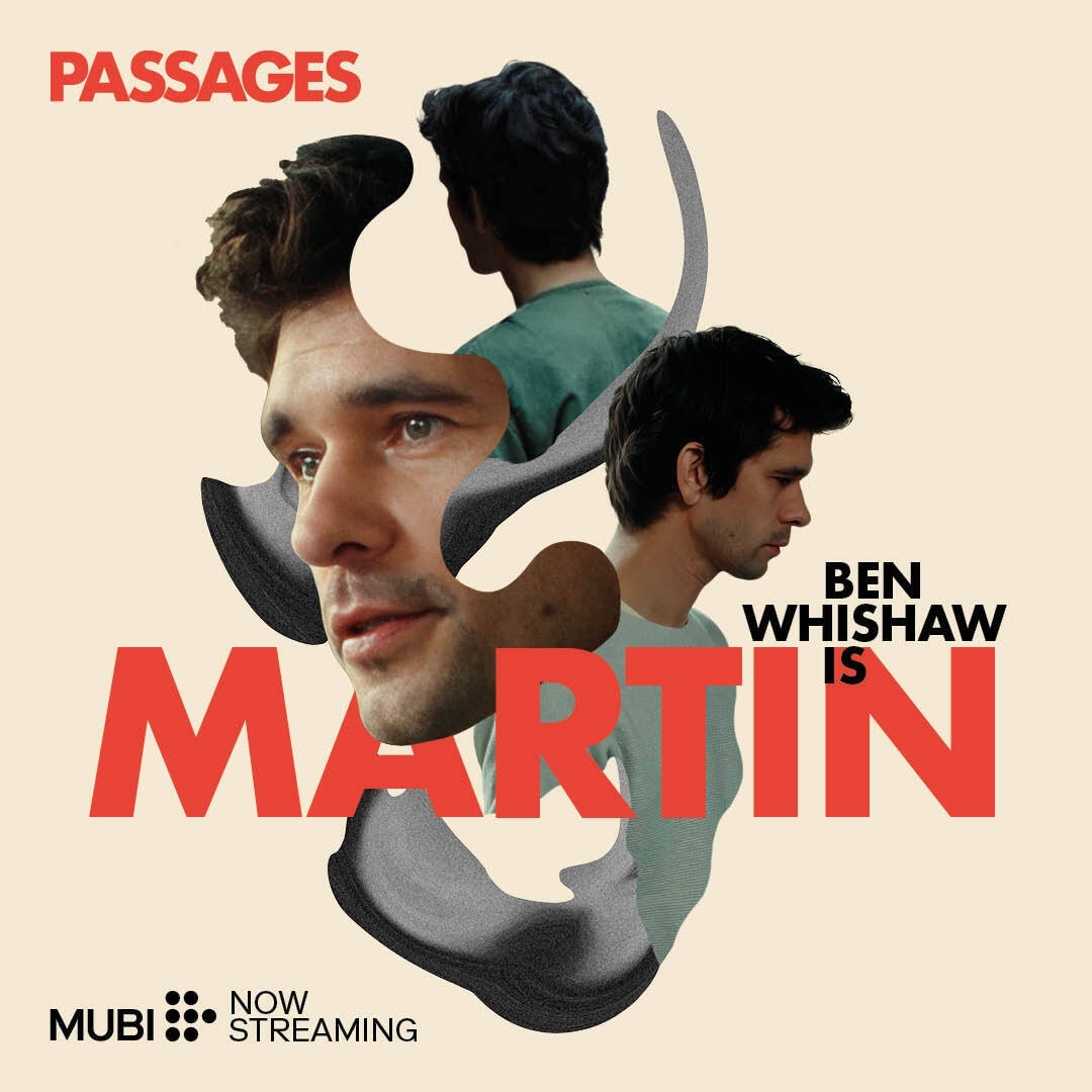 Movie poster featuring a montage of a man's face in shades of gray and red, overlaid with the film title "Passages" and actor name.