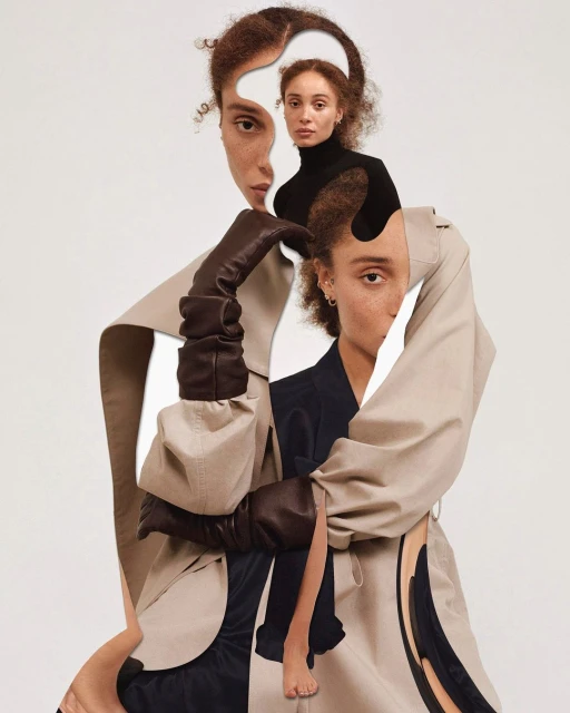 Artistic fashion portrait of a woman with collage-style effects, featuring a trench coat, black top, and expressive facial features in a light studio.