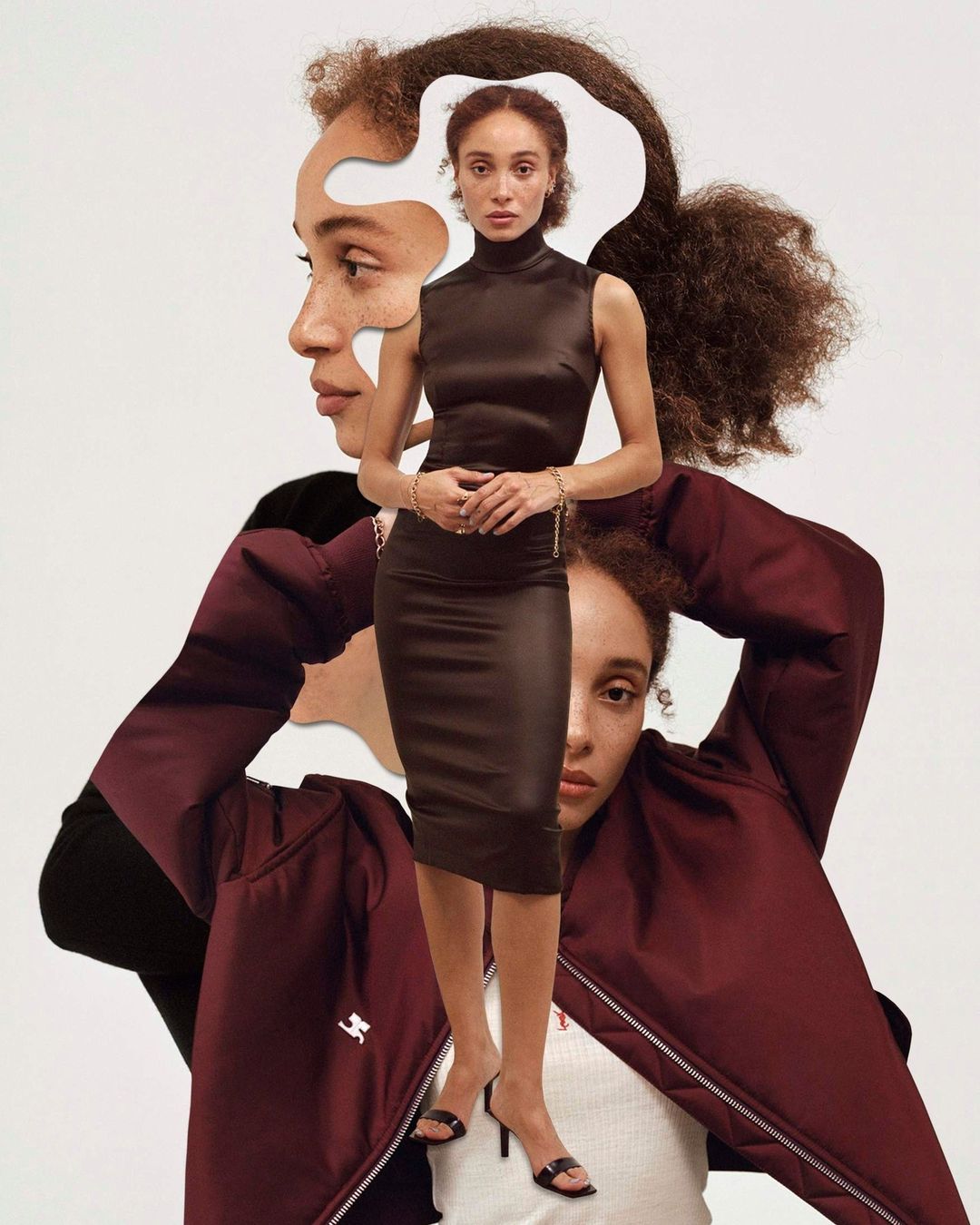 Collage effect image of a young woman in a dark brown dress and heeled sandals, posing against a white background in a studio.