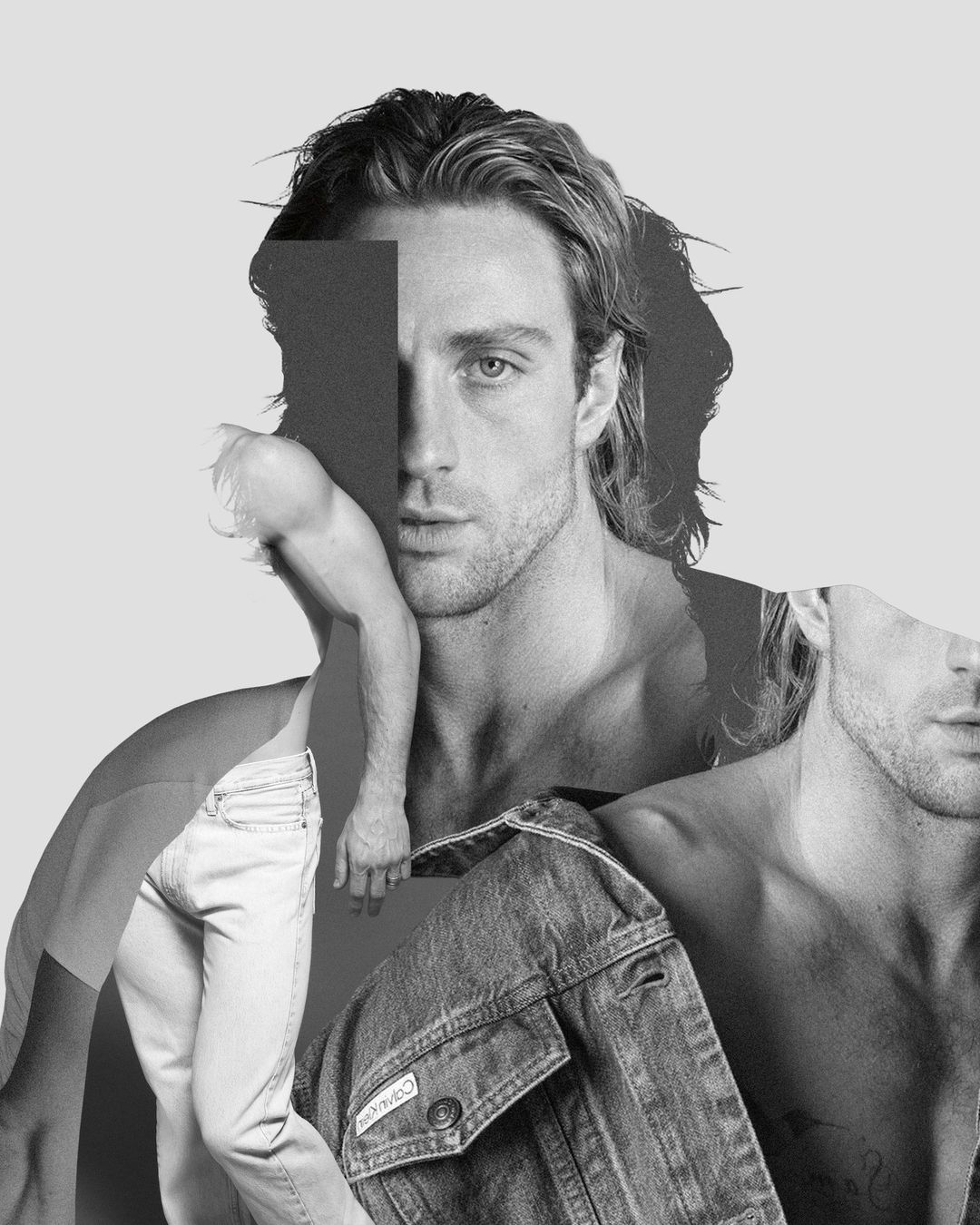 Black and white fashion collage featuring a handsome male model's face, torso, denim jacket, and jeans in a studio setting.