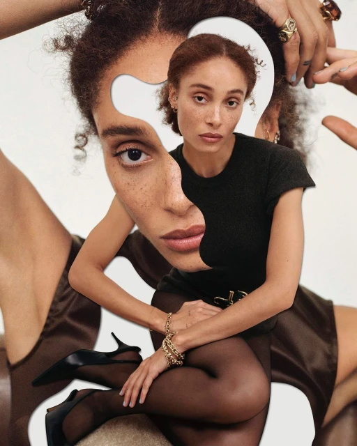A woman in a dark top and black stockings sits against a backdrop of a woman's face with a cutout question mark in a collage-style image.