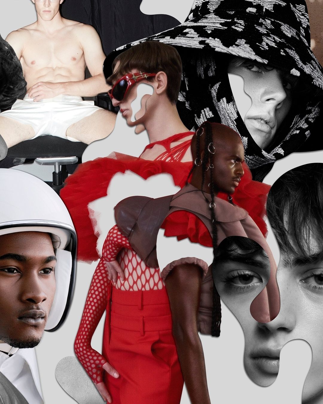 Collage featuring multiple adult fashion models of diverse ethnicities wearing unique clothing in a studio with a light grey background.