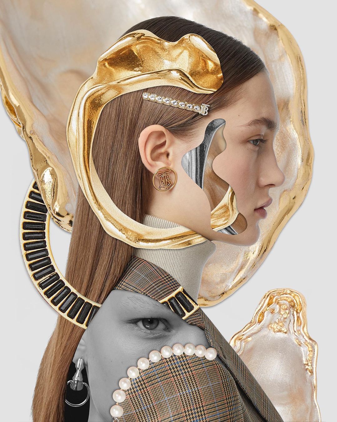 Fashionable mixed-media collage featuring a model with a blazer and pearl jewelry, with artistic golden sculptural elements.