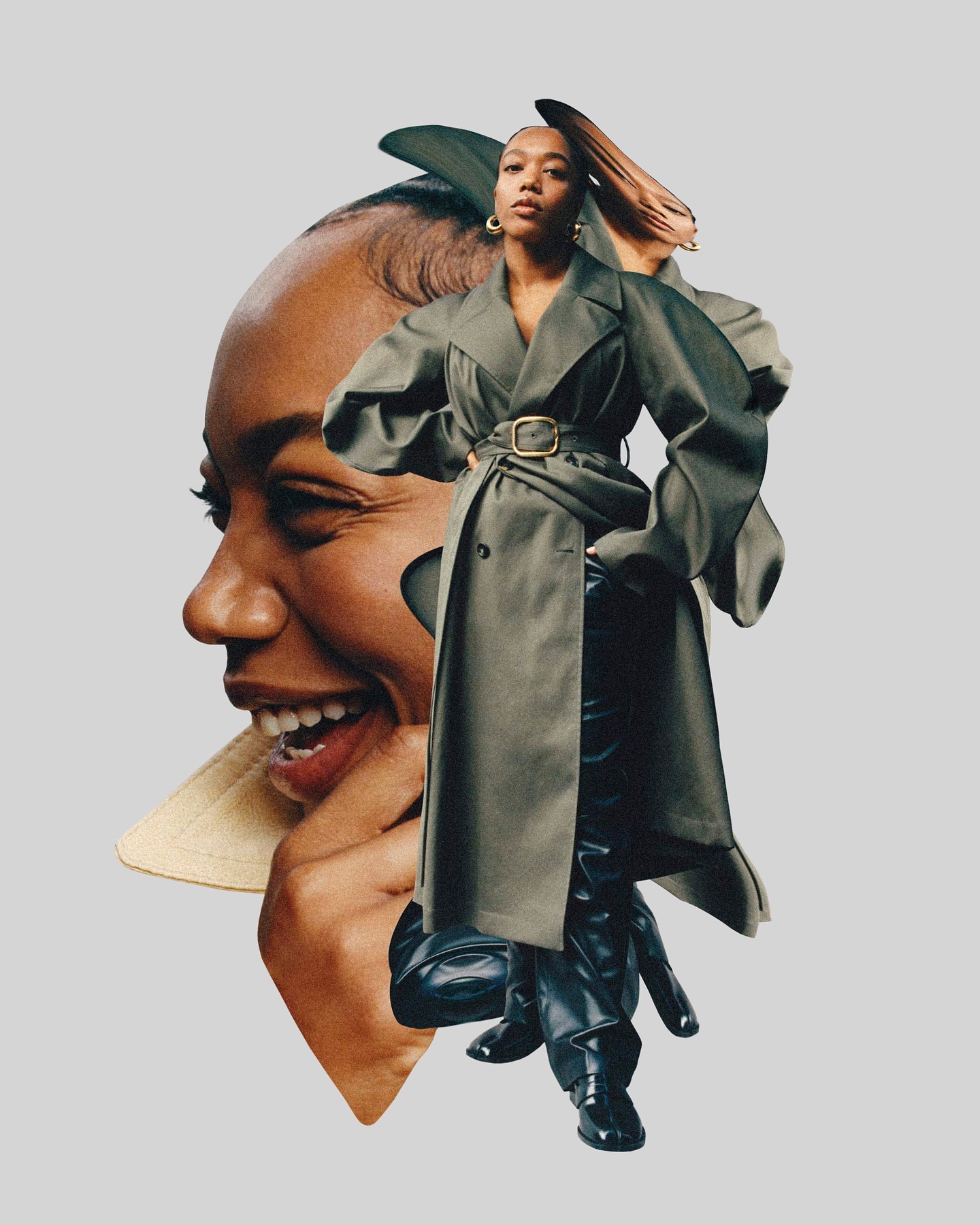 Fashion editorial composite image: woman in trench coat and black pants with smiling woman's face and hand. Grey background.