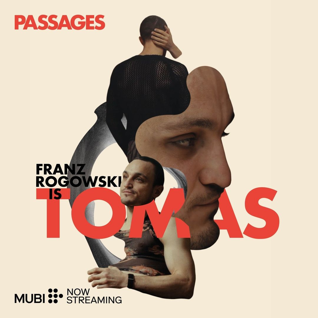 Collage-style movie poster for 'Passages' featuring male actors, red typography, and neutral background, promoting streaming availability.