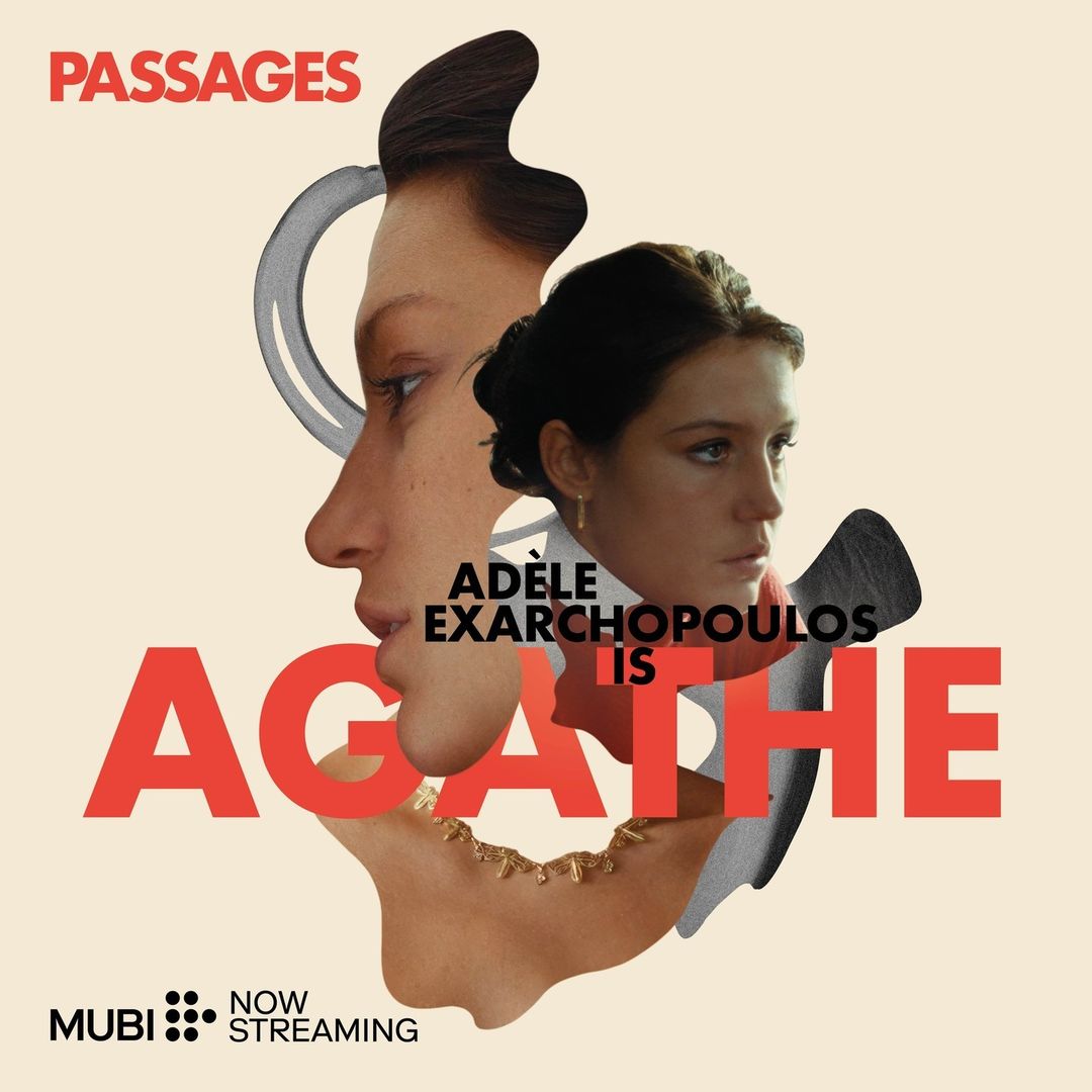 Movie poster featuring Adele Exarchopoulos for 'Passages,' a film streaming on MUBI. Collage-style design with overlapping portrait elements.