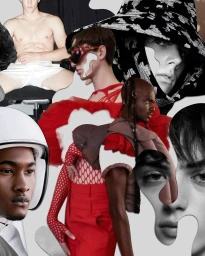 Collage illustration by Pablo Thecuadro featuring multiple black and white portrait cutouts layered over a red mesh top and trousers