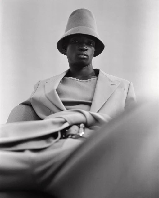 A fashionable Black man in a monochrome beige outfit poses indoors with a funnel-shaped hat and blazer, exuding a calm and sophisticated style.