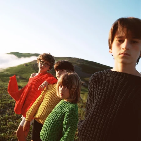 Four children in colorful knit sweaters pose on a hillside; rolling hills and bright sky provide a blurred scenic background.