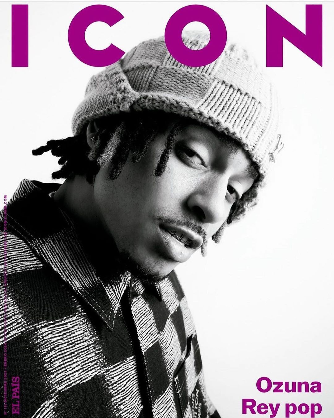 Black and white portrait of Ozuna on the cover of ICON magazine, wearing a patterned beanie and a collared shirt with a bold checkered pattern.