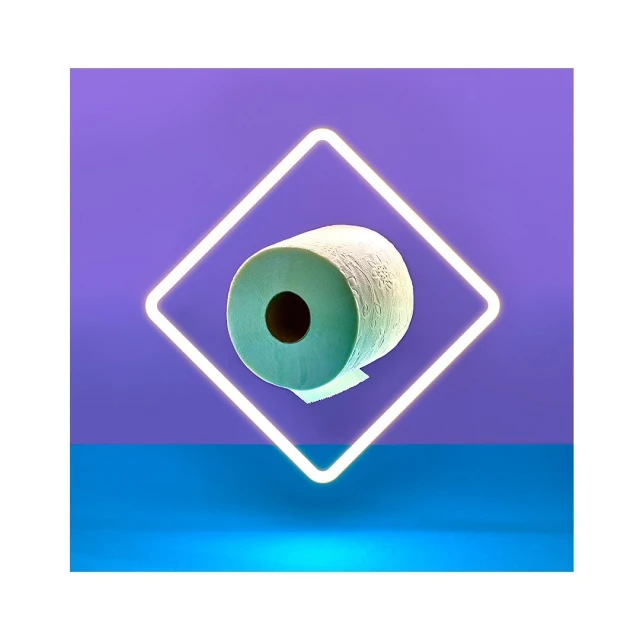 Still life of a roll of light-green toilet paper centered inside a white neon square over a blue and purple gradient backdrop.