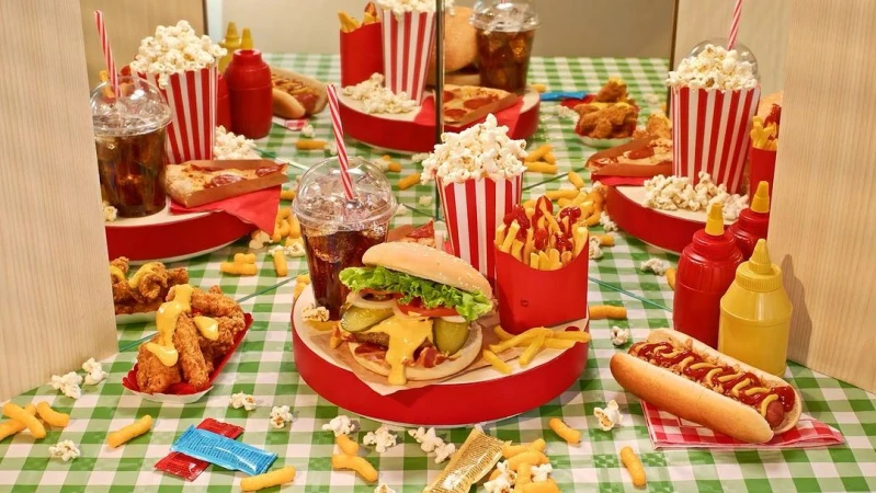 A green checkered table covered with fast food: a hamburger, pizza, fried chicken, fries, hot dog, popcorn, and soft drinks.