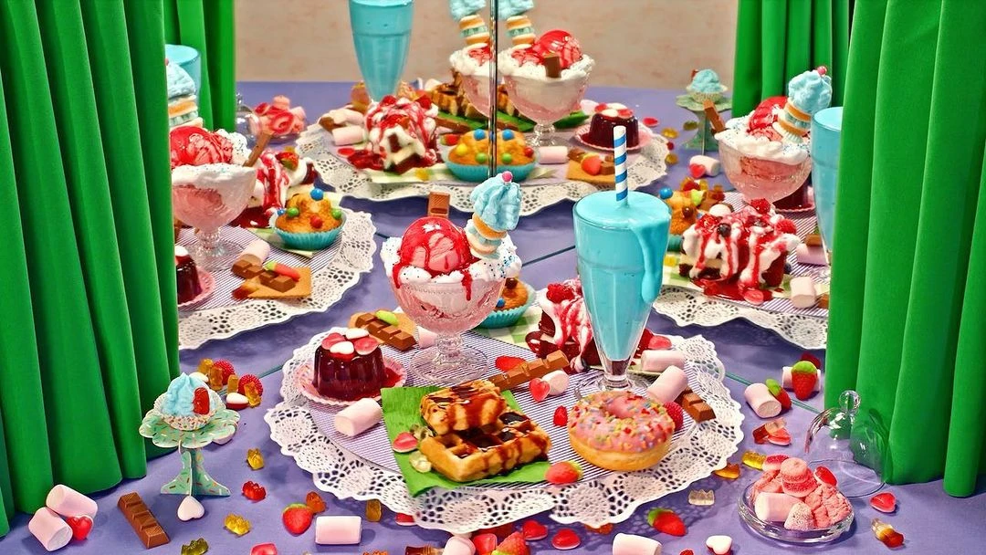 Table filled with colorful desserts, including milkshakes, ice cream, waffles, and donuts, framed by green curtains. Food photography.