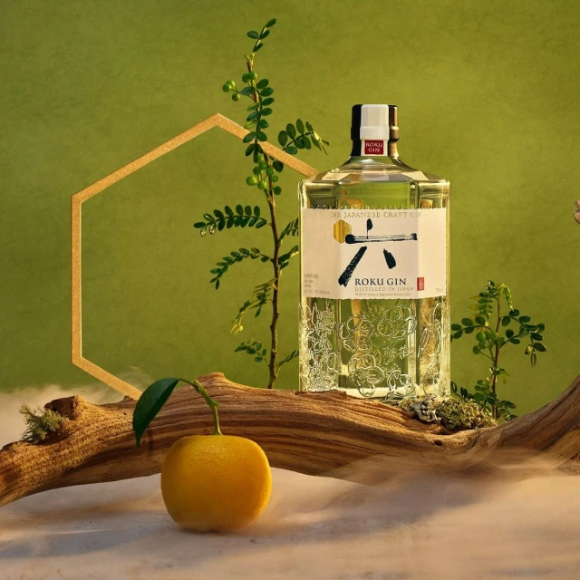 Still life shot of a clear Roku gin bottle on a wooden log with greenery, set against a green backdrop with geometric shape.