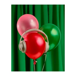 Wireless headphones resting over a glossy red balloon with pink and green balloons against green fabric backdrop.