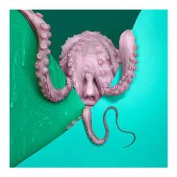 Surreal portrait of a human face covered by a pink octopus with visible suction cups against a geometric green and turquoise background
