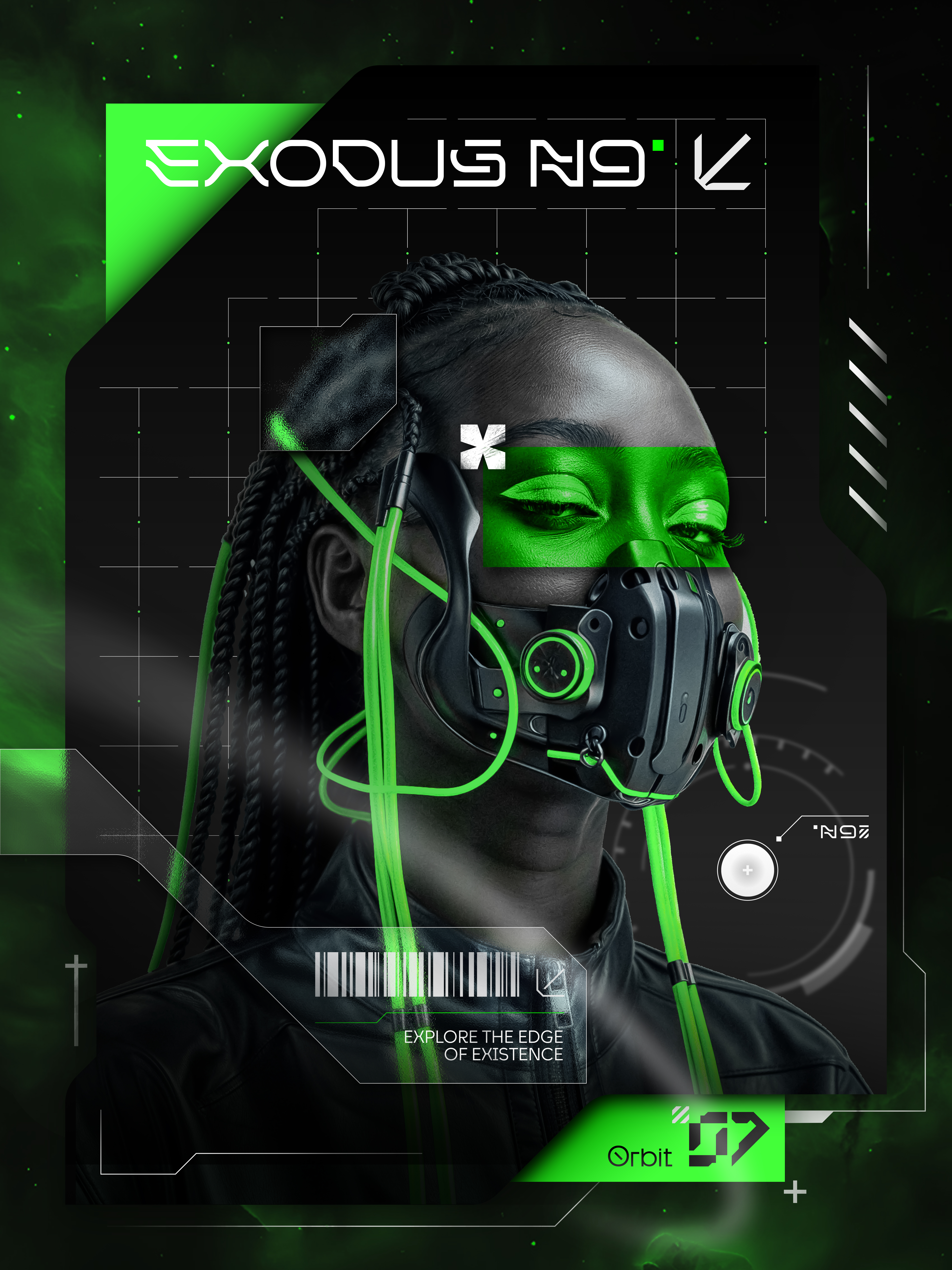 Sci-fi graphic poster of a Black woman wearing a mechanical cybernetic respirator mask with neon green cables and HUD overlays.