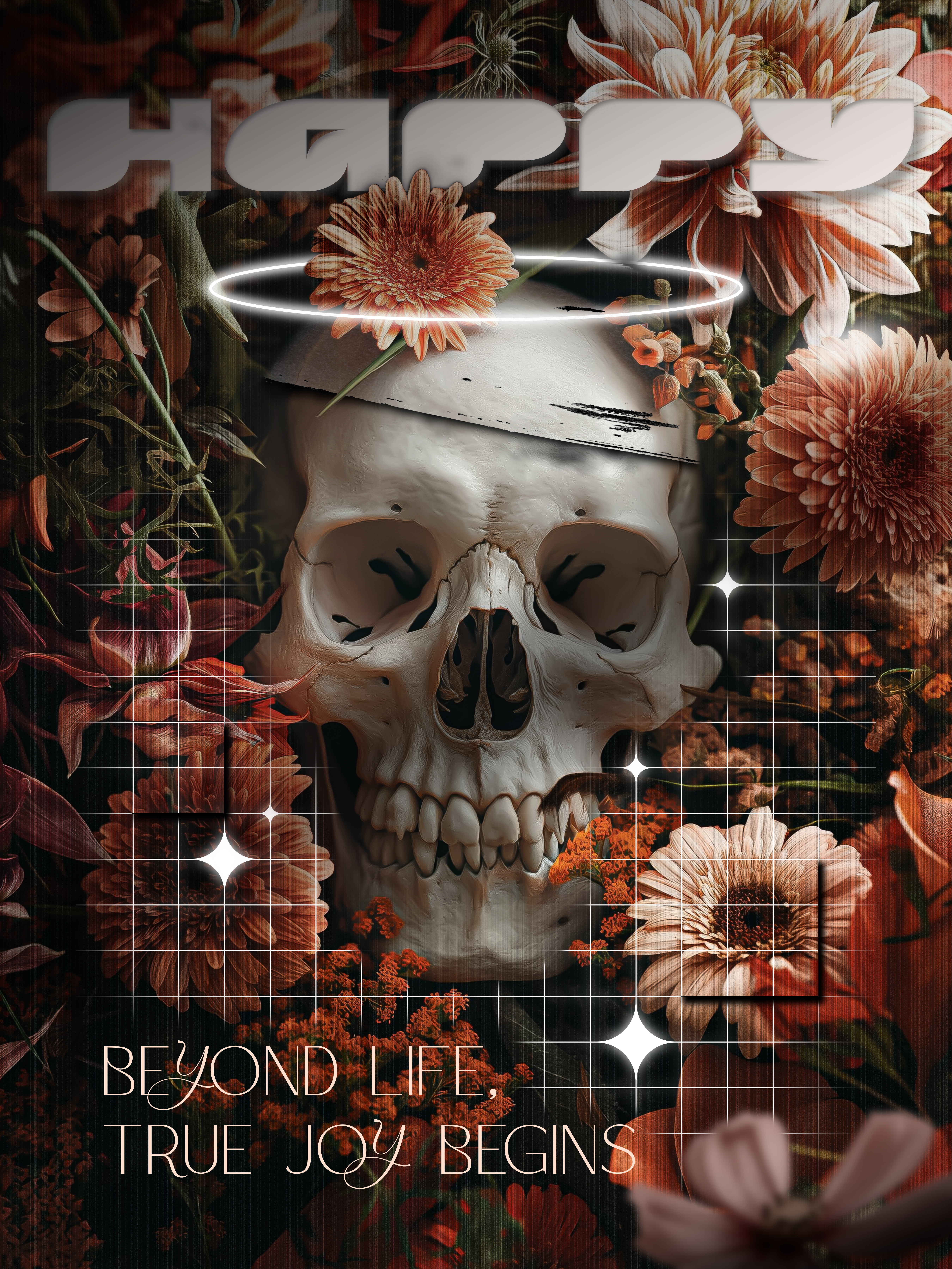 Graphic poster featuring a human skull with a glowing halo surrounded by autumn flowers and overlaid text reading Happy.