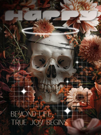 Graphic poster featuring a human skull with a glowing halo surrounded by autumn flowers and overlaid text reading Happy.