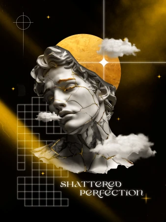Digital artwork of a cracked marble bust with gold kintsugi veins, surrounded by floating clouds and geometric lines on a dark background.