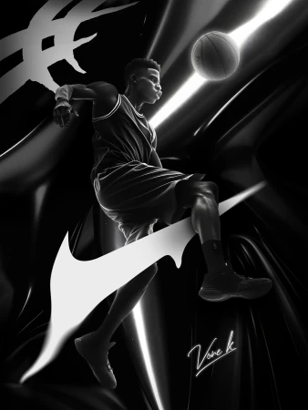 Monochrome digital artwork of a basketball player suspended mid-air alongside a glowing basketball and stylized graphic shapes.