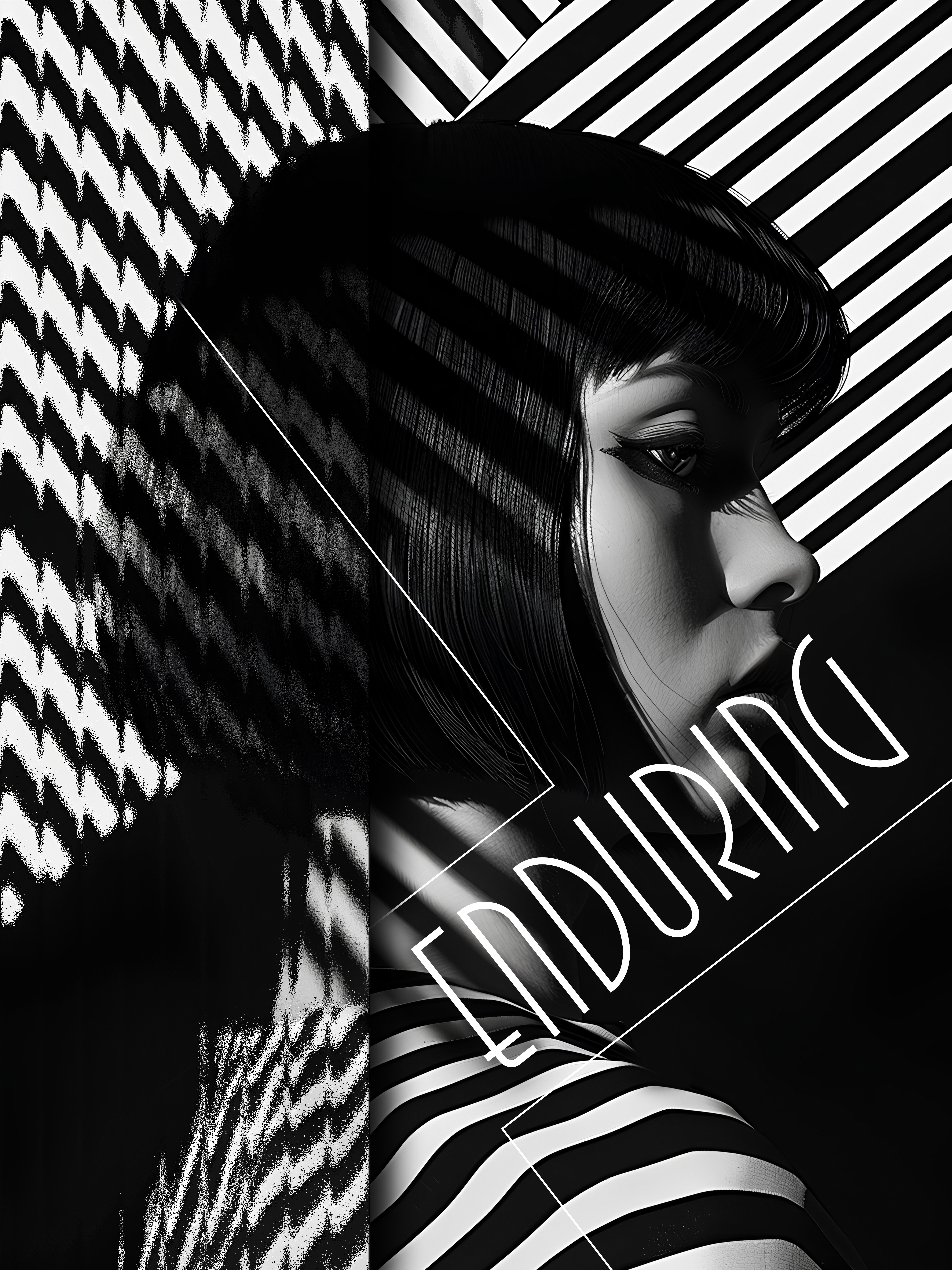 Monochrome graphic portrait of a woman with a bob haircut under striped shadows, featuring geometric patterns and the word Enduring.