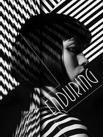 Monochrome graphic portrait of a woman with a bob haircut under striped shadows, featuring geometric patterns and the word Enduring.