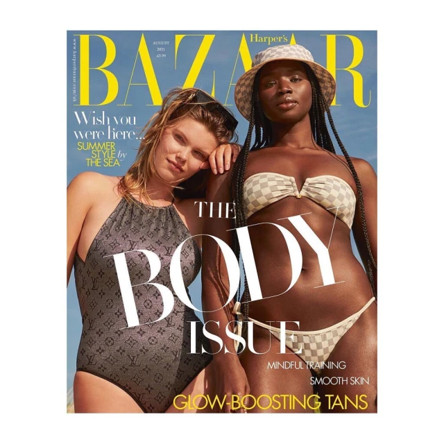 Harper's Bazaar cover featuring two women in checkered swimwear against a bright blue sky. Summer fashion and beauty concept.