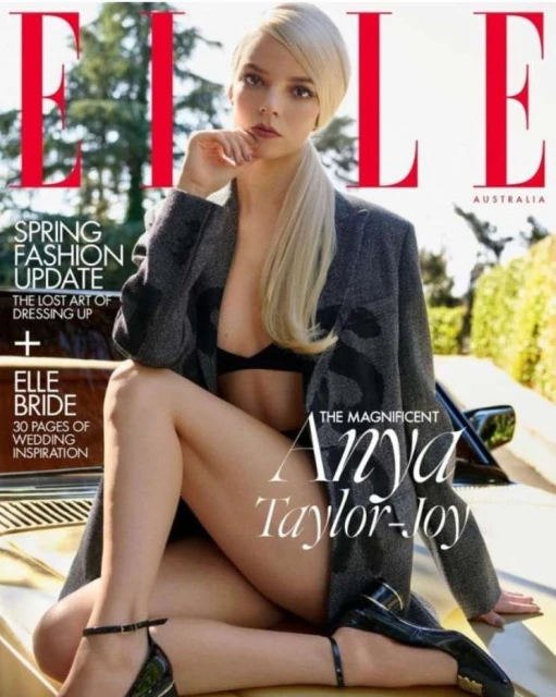 Elle Australia magazine cover featuring Anya Taylor-Joy sitting on a vehicle in a blazer, bra, and strappy heels, posing outdoors.