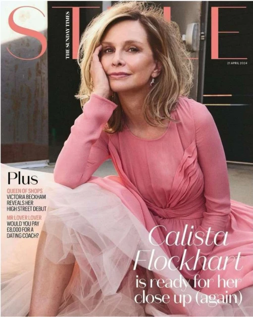 Magazine cover featuring Calista Flockhart in pink dress. Editorial portrait for 'The Sunday Times Style' issue; blond hair, neutral expression.