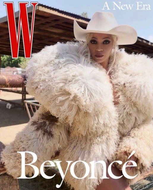 W Magazine cover featuring Beyoncé wearing a white cowboy hat and furry coat, posing in front of a rural outdoor setting.