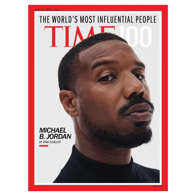 Michael B. Jordan portrait on Time 100 cover. The actor poses in a black turtleneck against a light background, framed by a red border.