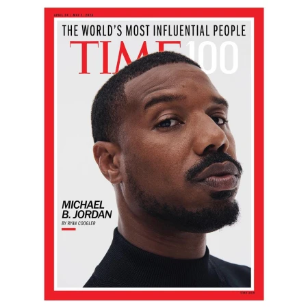 Michael B. Jordan portrait on Time 100 cover. The actor poses in a black turtleneck against a light background, framed by a red border.