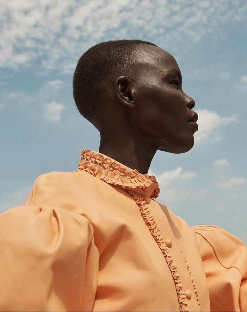 Profile shot of an African-American woman with a shaved head wearing a peach-colored dress with ruffled collar against a blue sky with clouds.