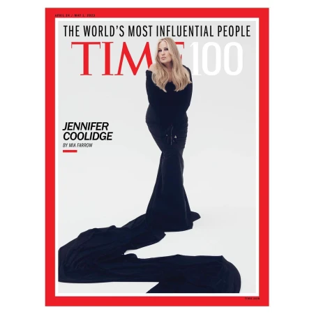Jennifer Coolidge poses in a black gown on a magazine cover featuring the TIME100 list of the world's most influential people in 2023.