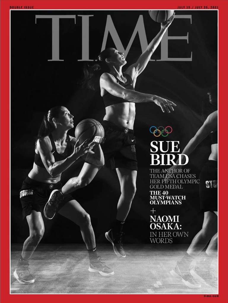Time Magazine cover featuring WNBA player Sue Bird in dynamic basketball action, set against a stark black background with red border.
