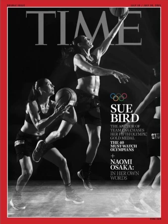 Time Magazine cover featuring WNBA player Sue Bird in dynamic basketball action, set against a stark black background with red border.