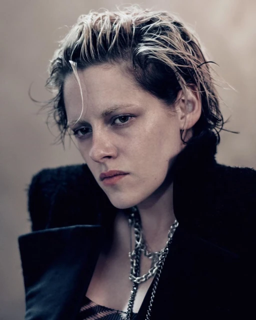 Portrait of an adult female with short, light-streaked hair and dark eye makeup, wearing a black top with a chain necklace in a studio.
