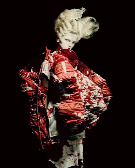 Fashion shot of a woman with an ornate hairstyle wearing a puffy red and white patterned coat in a dark studio setting.